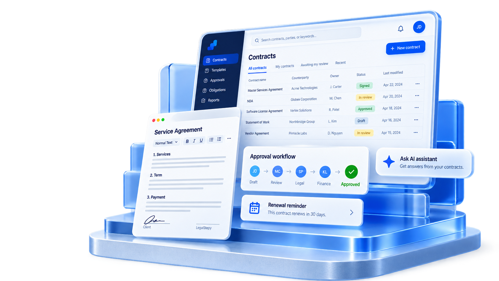 LegalStepy contract management platform shown as a premium 3D product interface